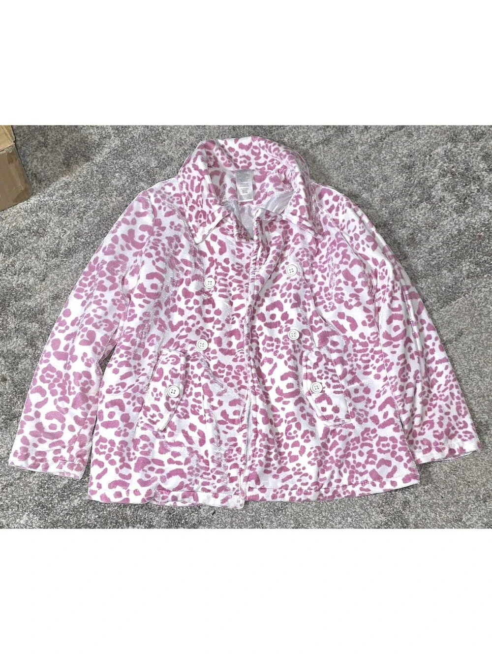 Youth Girls 7-8 Pink & White Leoard Jacket Satin Lined Double Button Super Soft